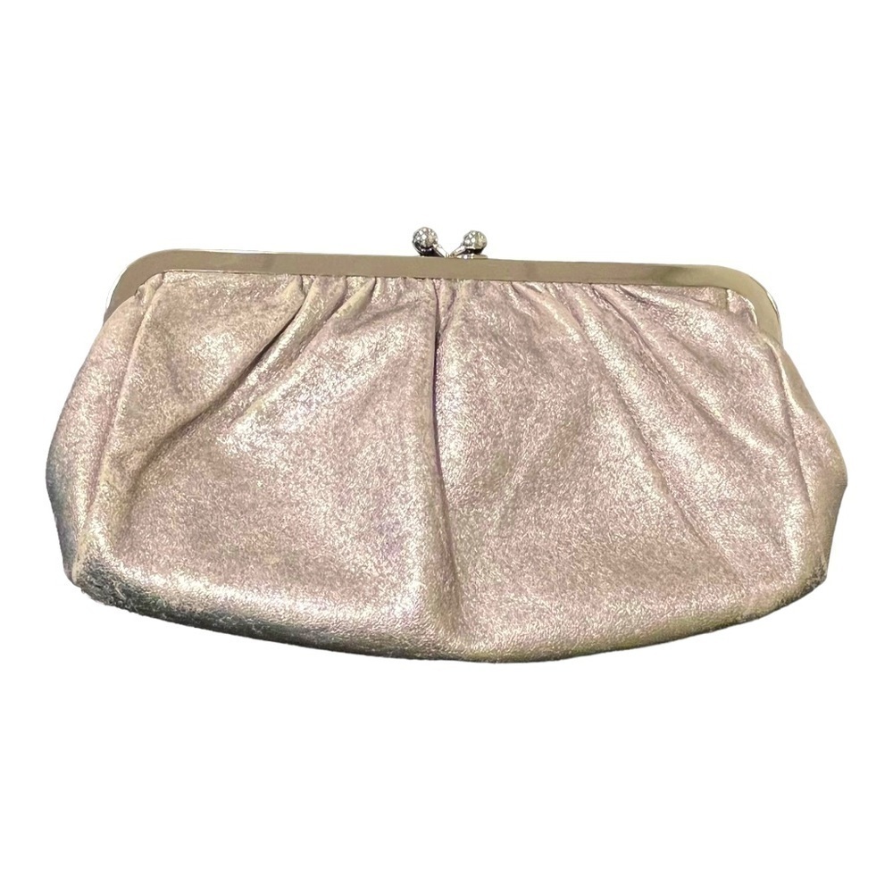 Express silver gray metallic finish leather clutch kiss clasp